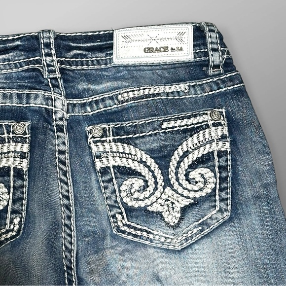 Grace LA Y2K Capri Jeans Sz 27 Easy Fit Embroidered Thick Stitch - Picture 6 of 9